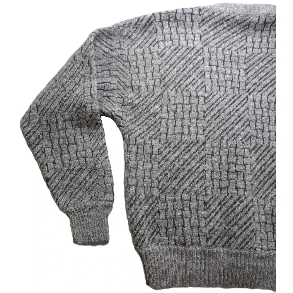 VTG 90s Clochard Men Cardigan Gray Wool Blend Geometric Woven V-Neck Sweater L/G